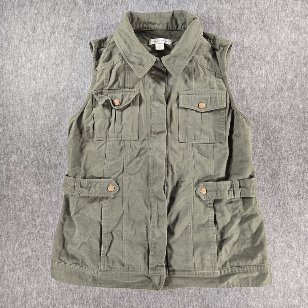 Christopher & Banks Utility Vest Womens Medium Olive Green Military Cargo Cotton